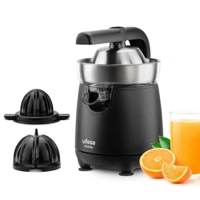 Afbeelding van Ufesa Vitality, Elektrische citruspers met arm, 120 W, continu uitgieten, druppelstopsysteem, dubbele kegel, filter van roestvrij staal, arm voor sapextractie, BPA vrij, zwart staal