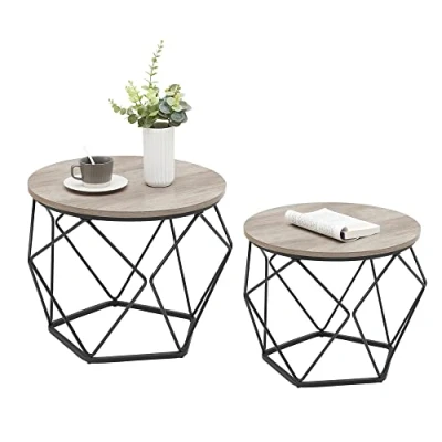 Afbeelding van VASAGLE set van 2 salontafels, bijzettafel, woonkamertafel, bankkant, robuust stalen frame, voor woonkamer, slaapkamer, industriële stijl, grijs en zwart LET040B02