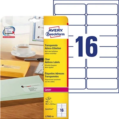 Afbeelding van Avery transparante etiketten QuickPEEL ft 99,1 x 33,9 mm (b h), 400 stuks, 16 per blad etiket