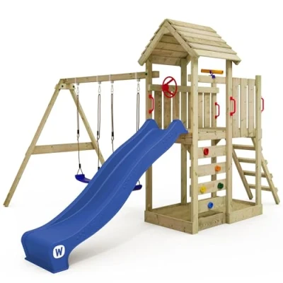 Afbeelding van WICKEY speeltoestel klimtoestel MultiFlyer met houten dak, schommel &amp; blauwe glijbaan, outdoor klimtoren voor kinderen zandbak, ladder speel accessoires de tuin