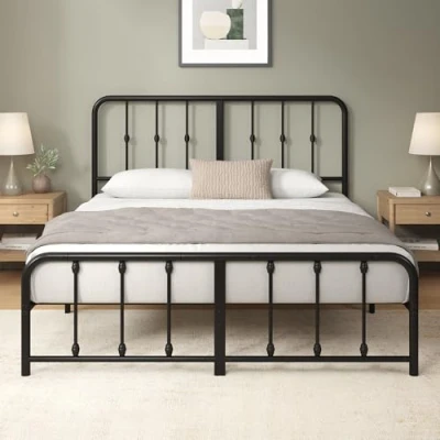 Afbeelding van Zinus Florence bed 140 x 200 cm 35 hoog Metalen Bedframe met hoofdeinde en voeteneinde lattenbodem in vintage design Opbergruimte onder het Zwart
