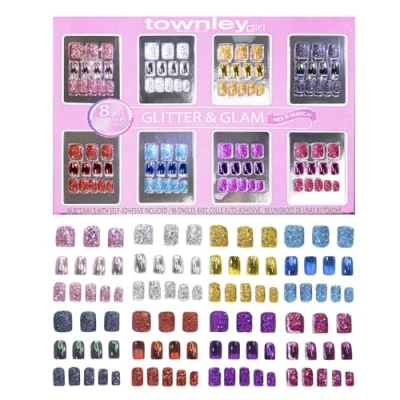 Afbeelding van Townley Girl 96 stuks Glitter Glamup &amp; Metallic Press On Nails Kunstmatige Nep Valse Nagels Set voor Kinderen met Pre Lijm Volledige Cover Acryl Nail Tip Kit, Geweldig Geschenken, Make overs