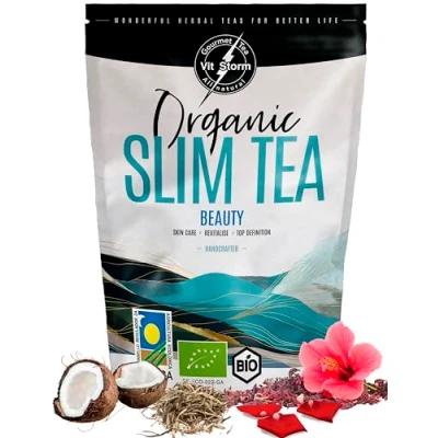 Afbeelding van Slim Tea Beauty Bio kruidenthee voor haar, huid en versterkende nagels antioxidant &amp; detox witte thee, rooibos, hibiscus, tulsi, rozenblaadjes, ananas, papaja, losse infusie 100 g VITSTORM
