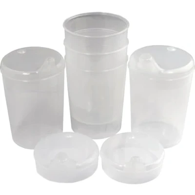 Afbeelding van Medi Inn snavelbeker 250 ml, praktische set 5 bases met 10 deksels (5 opening 12 x mm en 4 mm), transparant