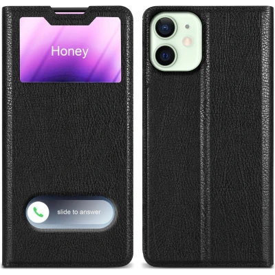 Afbeelding van Cadorabo Hoesje geschikt voor Apple iPhone 12 MINI in KOMEET ZWART Beschermhoes met magnetische sluiting, standfunctie en 2 kijkvensters Book Case Cover Etui