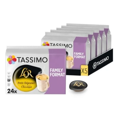 Afbeelding van Tassimo 120 koffiepads, extra lang, speciaal voor ontbijt L&#039;OR, compatibel met machines, familieformaat, evenwichtig en schuim, 5 verpakkingen elk 24 pads
