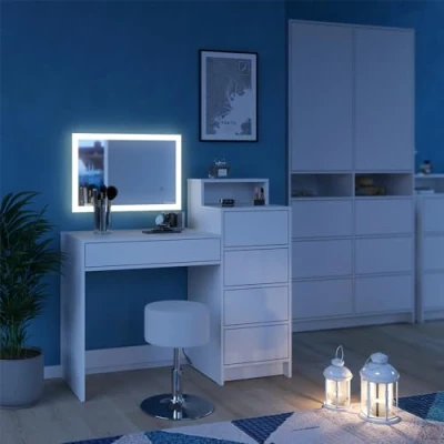 Afbeelding van Vicco Kaptafel Naara, Wit, 110.5 cm met LED spiegel en kruk