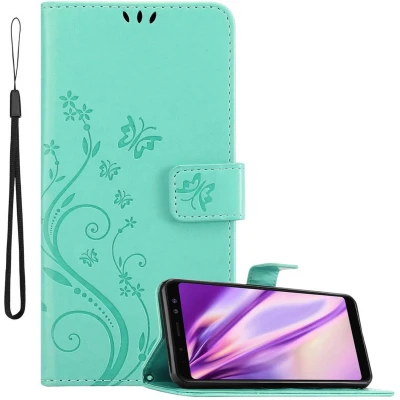 Afbeelding van Cadorabo Hoesje geschikt voor Samsung Galaxy A8 2018 in BLOEMEN TURKOOIS Beschermhoes bloemmotief met magnetische sluiting, standfunctie en kaartsleuven Book Case Cover Etui