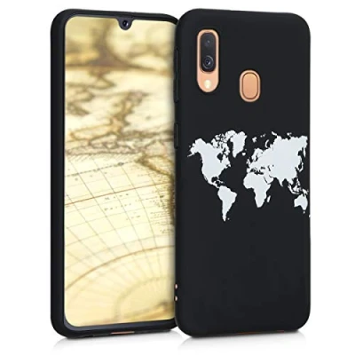 Afbeelding van kwmobile telefoonhoesje geschikt voor Samsung Galaxy A40 Hoesje smartphone in wit / zwart Backcover van TPU Wereldkaart design