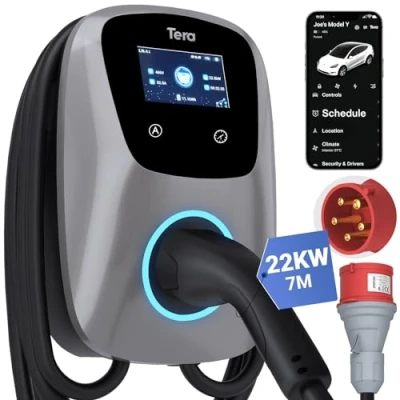Afbeelding van Tera EV Smart app oplader met 16 32 A type 2 22 kW of 11 huishoudelijk laadstation 400 V CE &amp; TÜV Wallbox 7 m oplaadkabel opladerhouder CEE besturing