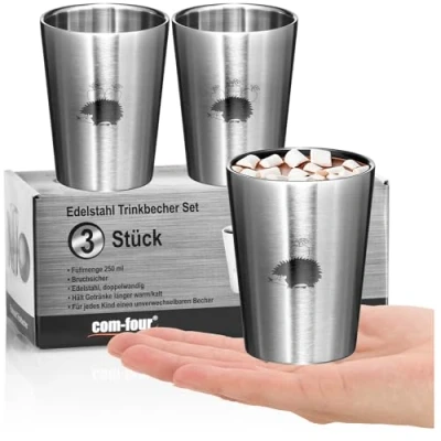 Afbeelding van 3 x roestvrijstalen drinkbekers voor kinderen, thermodrinkbeker 250 ml, van roestvrij staal 304, onbreekbare campingbeker, dubbelwandige isolatiebeker, BPA vrij, (egel, stuks)