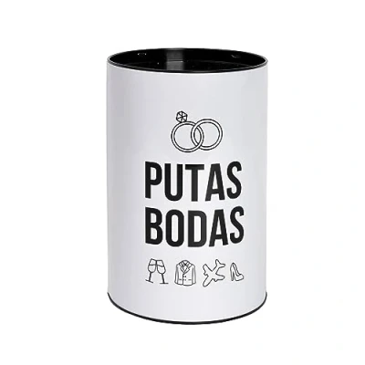 Afbeelding van FISURA Originele spaarpot &quot;P*tas bodas&quot;. bruiloft met boodschap. Grote voor volwassenen in blik. Grappige Maat: 13 x 20 cm