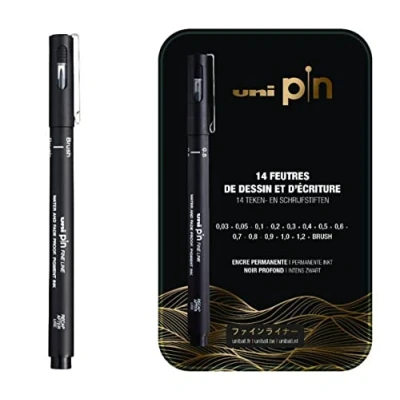 Afbeelding van Uni Pin fineliner set blik zwart 14 stuks
