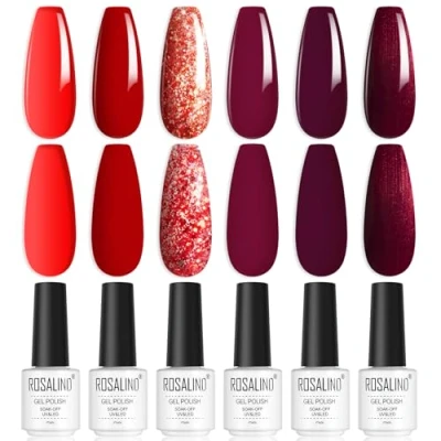 Afbeelding van ROSALIND semi permanente nagellak, uv gel, permanent, 6 kleuren, bordeauxrood, donkerrood, glitter, soak off, UV/LED, manicure
