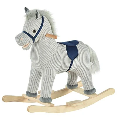 Afbeelding van HOMCOM Schommelpaard voor kinderen, pluche schommelspeelgoed in paardenvorm, met geluidseffecten, handgrepen, pedaal, 36 72 maanden, 73 x 35 64 cm (l b h), grijs en wit