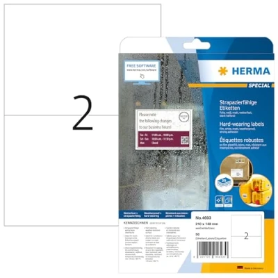 Afbeelding van Herma 4693 folie etiketten 210 x 148 mm Polyester Wit 50 stuk(s) Extra sterk hechtend Laser (zwart/wit), (kleur), Kopiëren