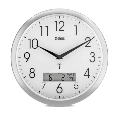 Afbeelding van Mebus 19422 stille radiografische wandklok met lcd datum en temperatuurweergave, wit, model