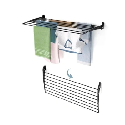 Afbeelding van foxydry Fold Droogrek voor aan de muur, uittrekbaar, verticaal, opvouwbaar, binnen en buiten, van aluminium staal, 118 x 50 cm (zwart naar beneden, 1 laags 120)