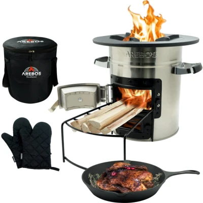 Afbeelding van AREBOS Rocket Stove Camping Kachel met de Draagtas, Gietijzeren pan en Beschermende Handschoenen