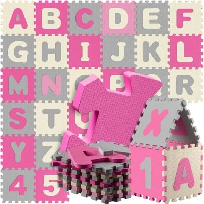 Afbeelding van Spielwerk XXL Puzzelmat Schuim 86 Delen Cijfers Letters Roze