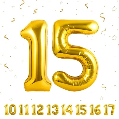 Afbeelding van Verjaardagsballonnen 15 goud 100 cm ballon cijfer 15, nummer Happy Birthday decoratie, ballonnen, verjaardagsfeest, jaren vliegen dankzij helium