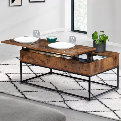 Afbeelding van Table basse plateau relevable DAYTON effet vieilli design industriel