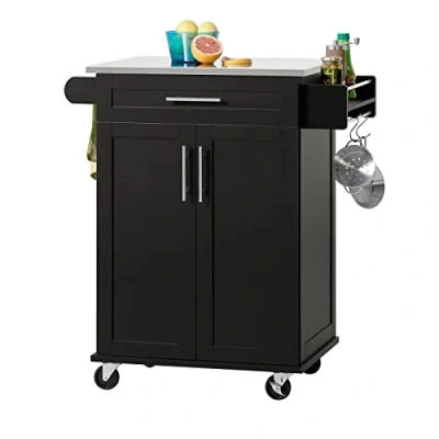 Afbeelding van SoBuy FKW110 SCH Keukenwagen met deur en lade, drankenwagen voor kantoor, zwart, afmetingen: ca. 80 x 90 46 cm