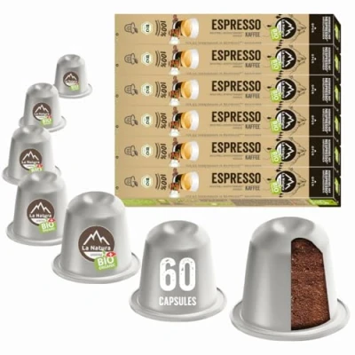 Afbeelding van La Natura Lifestyle Biologische espressokoffie, 60 koffiecapsules, compatibel met Nespresso capsulemachines, 100% industrieel composteerbaar²