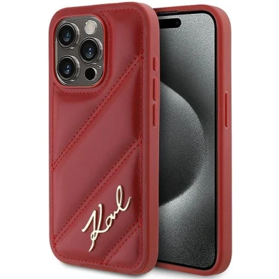 Afbeelding van Karl Lagerfeld Diagonal Quilted Script hoesje voor iPhone 15 Pro Max rood