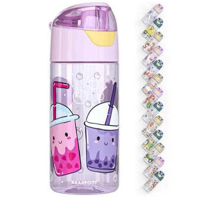 Afbeelding van BEARFOOT Drinkfles voor kinderen, 450 ml, lichte Tritan waterfles, BPA vrij, lekvrij, vaatwasmachinebestendig, jongens, meisjes, peuters (paars BubbleTea)