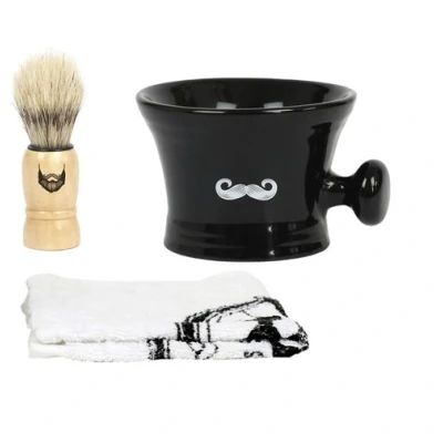 Image de COSMETIC CLUB, SC29532, kit de soin barbe 3 accessoires, bol à raser en grès, cravate et serviette, taille compacte 7,5 x 10,8 8 cm, idéal pour les voyages, cadeau parfait hommes, noir