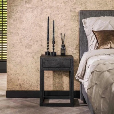 Afbeelding van Hoyz Collection Nachtkastje 1L Black Square Massief Acacia Zwart