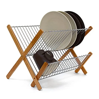 Afbeelding van Relaxdays Afdruiprek CROSS bamboe &amp; metaal afwasrek droogrek inklapbaar hout