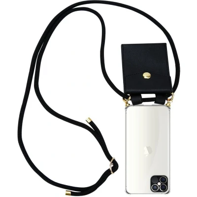 Afbeelding van Cadorabo Hoesje geschikt voor Apple iPhone 12 PRO MAX in ZWART Silicone Mobiele telefoon ketting beschermhoes met gouden ringen, koordriem en afneembare etui