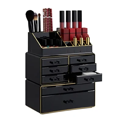 Afbeelding van Relaxdays make up organizer opbergen van cosmetica acryl stapelbaar met lades zwart goud