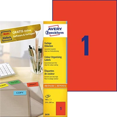 Afbeelding van Etiket Avery Zweckform 3470 210x297mm A4 rood 100stuks