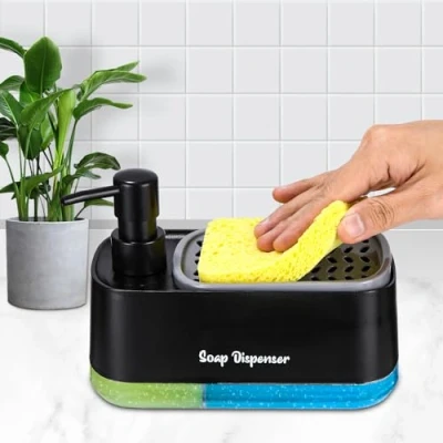 Afbeelding van afwasmiddel dispenser zwart met dienblad en sponshouder, navulling geschikt voor gootsteen