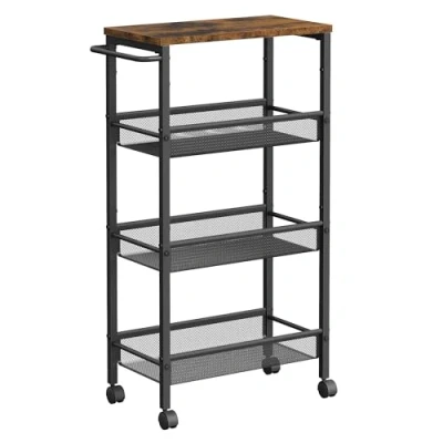 Afbeelding van VASAGLE LRC033B01 Keukenwagen met 4 niveaus, dun keukenrek wieltjes, stalen frame, handgreep, kleine ruimte, 22 x 45,5 77 cm, keuken, badkamer, woonkamer, kantoor, rustiek bruin en zwart