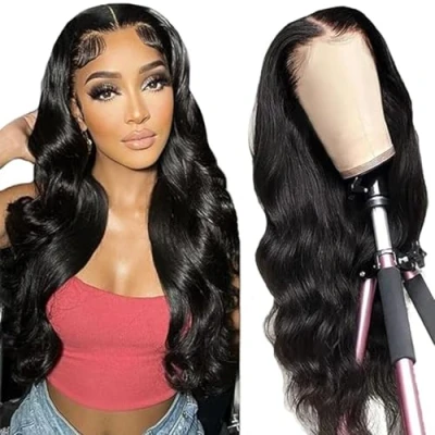 Image de Tuheerst Body Wave Human Hair Wig Real Natural Black 4X4 Lace Closure Glueless Wear and Go 100% Unprocessed Brazilian Virgin No Smell Tangle for Woman 24 Inch