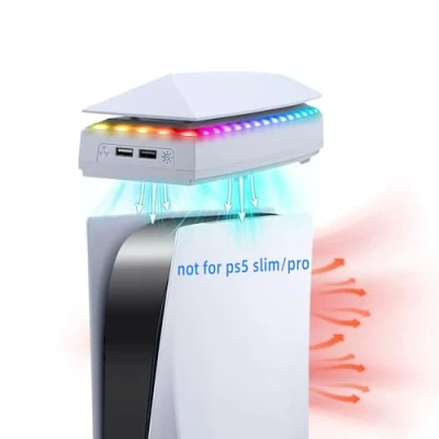 Afbeelding van Mcbazel Station de Refroidissement PS5 Réglable à 3 Vitesses RGB Ventilateur Housse Anti Poussière avec Ports USB 2.0 pour PS 5 Disc/Digital Edition Blanc(Pas Slim)