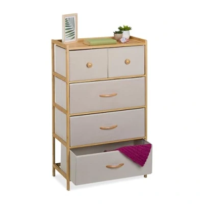 Afbeelding van Relaxdays ladekast smal bamboe 5 stoffen lades 94 x 58 32,5 cm slaapkamer beige