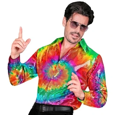 Afbeelding van Widmann Party Fashion overhemd met pailletten voor heren, psychedelisch, disco fever, schlagermove, herenhemd