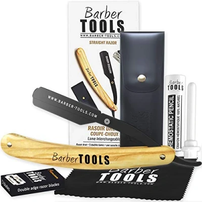 Afbeelding van scheerapparaat voor heren, scheerapparaat, baardscheerapparaat met aluinstick, polijstdoek, opbergtas, scheermesje (kappersscheermes) BARBER TOOLS (hout)