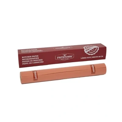 Afbeelding van FRITZTOWN® Luxe papierrol, 60 cm x 50 m, zwaar ongewaxt kraftpapier in levensmiddelenkwaliteit, ideaal voor grillen, roken, roken en vleesverpakkingen