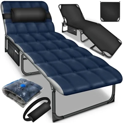 Afbeelding van Tillvex opklapbaar campingbed met draagtas, donkerblauw, ligkussen en nekkussen , veldbed, opklapbed, logeerbed, kamperen