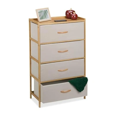 Afbeelding van Relaxdays ladekast halkast opbergkast bijzetkast dressoir bamboe 4 stoffen lades beige