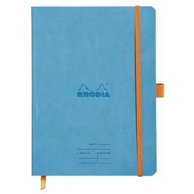 Afbeelding van RHODIA 117787C Notitieboek Meeting Turquoise A5+ voorgedrukt met datum/notities/actie, 160 pagina&#039;s afneembaar helder papier 90 g bladwijzers, penhouder omslag kunstleer Rhodiarama