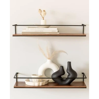 Afbeelding van KAZAI.® STENN Wandplanken, wandplanken van metaal en echt hout, fineer, zwevende planken voor badkamer, woonkamer, keuken, slaapkamer meer, walnoot