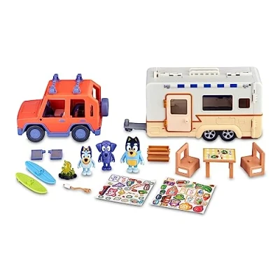 Afbeelding van BLUEY BLY53000 Cruiser + Campervan familie autoset met 3 figuren, 10 accessoires en decoratieve stickers, jaar beroemd