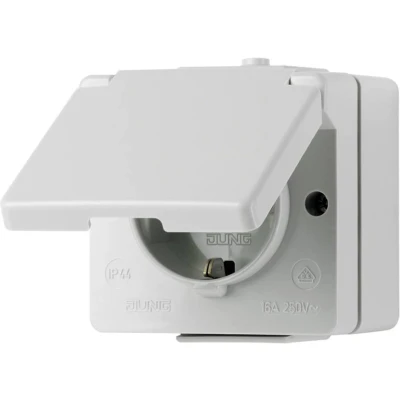 Afbeelding van Jung 620WX Wandcontactdoos met randaarde en klapdeksel Compleet WG 600 Lichtgrijs